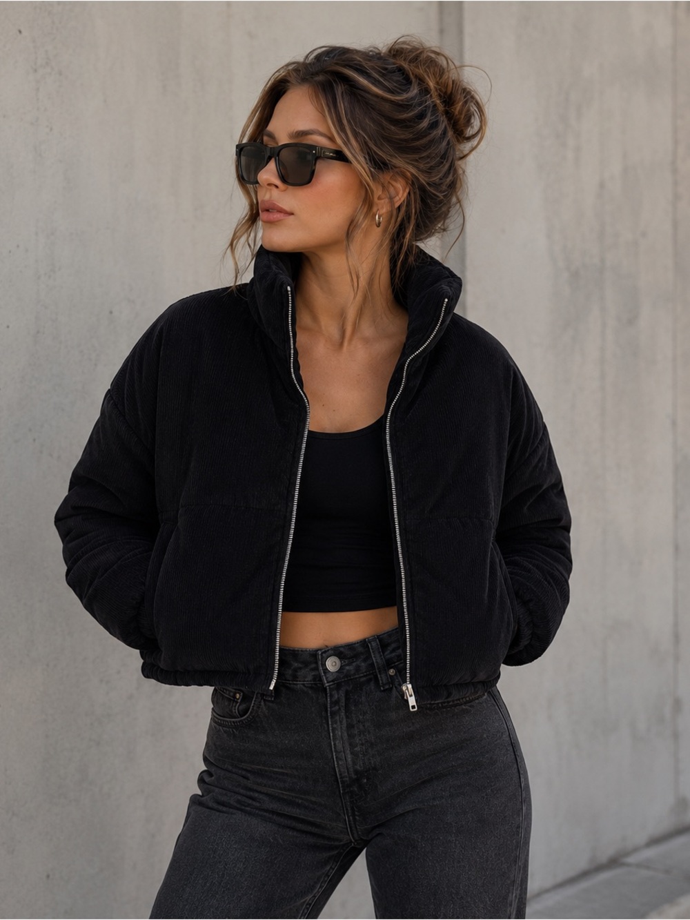 Forever 21 Black Corduroy Cropped Puffer Jacket Quilted Zip Coat Size Large